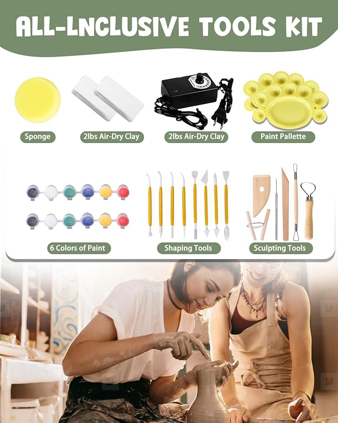 Mini Pottery Wheel Kit - 6" Pottery Wheel for Kids, Teens & Adults Beginners, 2 Lb Air Dry Clay & 18PCS Clay Tools Included, Crafts for Home DIY, Ceramic Work & Art Creatio