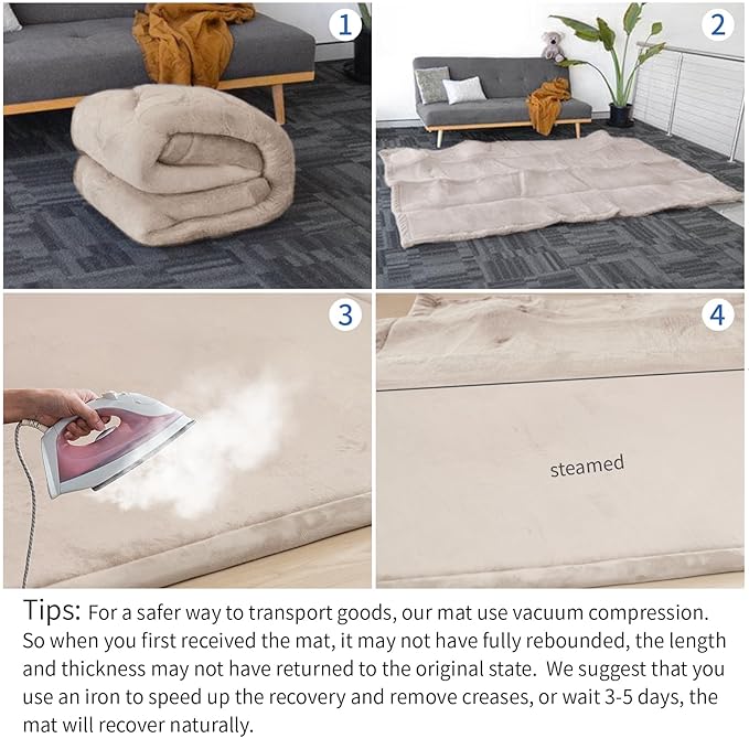 Baby Play Mat for Floor,1.3" Thick Memory foam Tummy Time Mat,Soft Coral Velvet Nursery Rug for Toddlers,Infants,kids,Extra Large Non Slip for Crawling,Yoga,Tatami Style for Living Room(Beige)