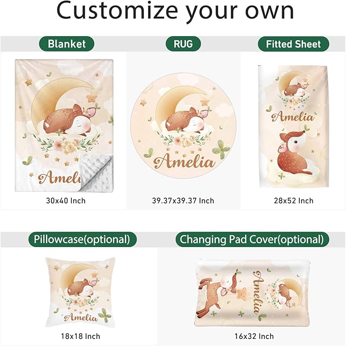 Personalized Baby Crib Bedding Set - Custom Name Fox Pattern 3 Pcs Set - Soft Blanket with Double Layer Dotted Backing, Fitted Sheet, Room Rug for Newborns Boys Girls Shower Gift
