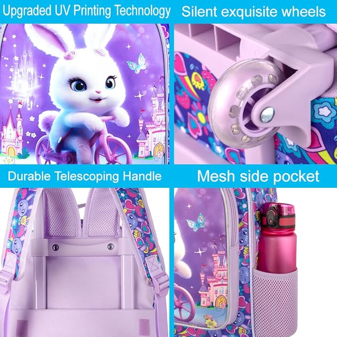 Rolling Backpack for Girls, Cute Rabbit Roller Wheels Kids Bookbag - Wheeled Elementary School Bag - 3PCS Rabbit