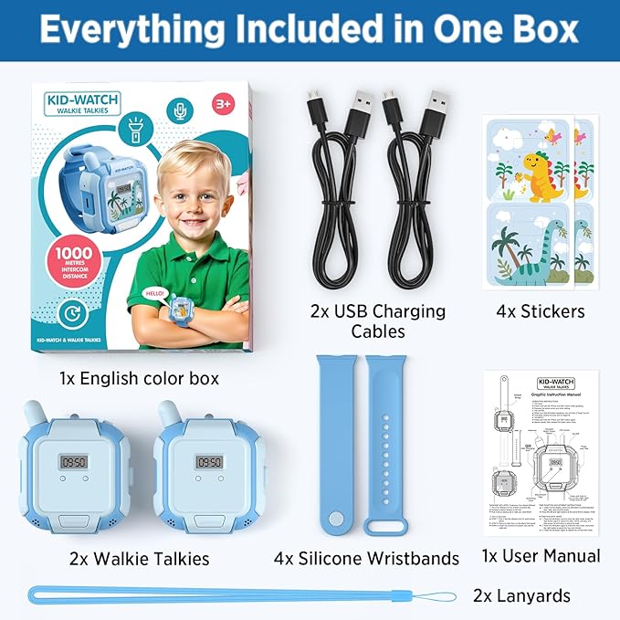 Walkie Talkies for Kids Rechargeable 2 Pack, Wearable Wrist & Lanyard Watch with Flashlight, Fun Stickers, Toys Gifts for Boys Girls Age 3-12 for Outdoor Camping, Hiking, Birthday, Christmas (Blue)
