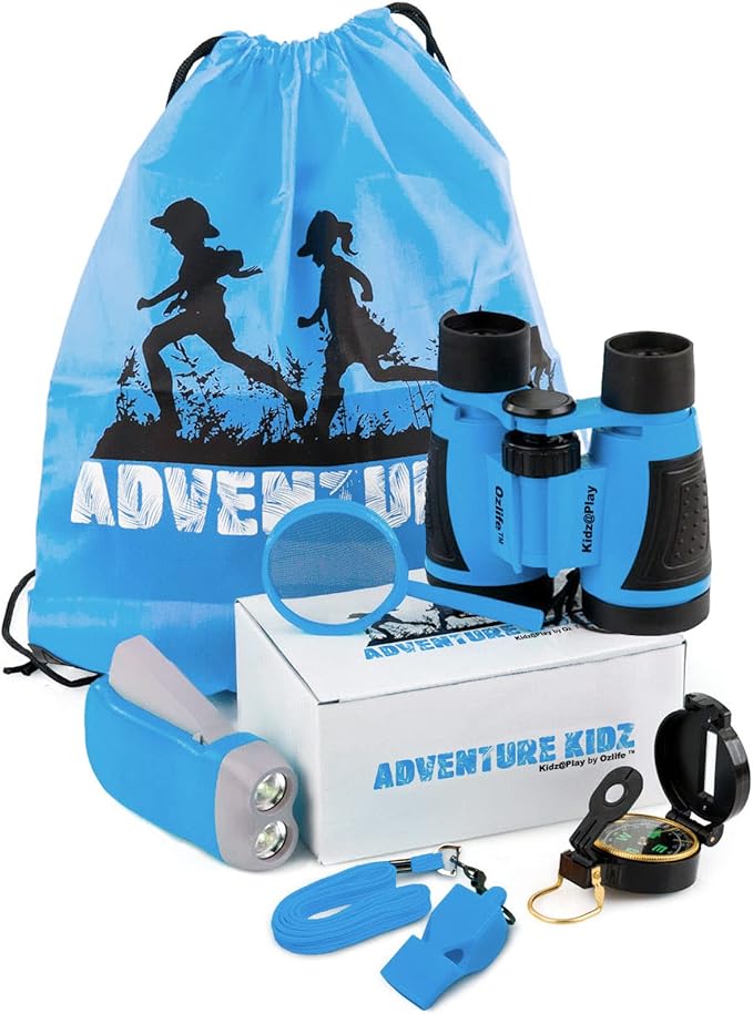 Adventure Kidz - Outdoor Exploration Kit, Childrenās Toy Binoculars, Torch, Compass, Whistle, Magnifying Glass, Backpack. Great Kids Gift Set for Camping, Hiking, Educational and Pretend Play.