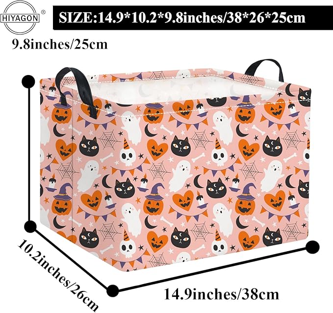 HIYAGON Rectangular Halloween Basket for Boys and Girls Kids Trick or Treat Pumpkin Basket for Halloween Parties Cute Storage Bin Organizer Box Room Decor(Pink Halloween)