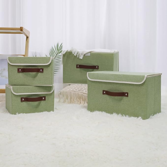 ANMINY 2PCS Storage Bins with Lid PU Leather Handles Storage Boxes PP Plastic Board Decorative Foldable Lidded Cotton Linen Fabric Home Cubes Baskets Closet Organizer Containers - Green, Small Size