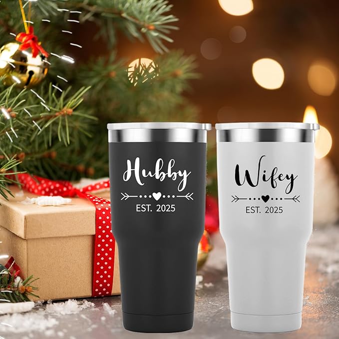 Mamihlap Hubby & Wifey Est 2025 Travel Mug 30oz Tumbler.Valentine’s Day Gifts.Anniversary Wedding Engagement Gifts.Gift for Couple Her Him Bridal Shower Husband Wife Newlywed Couple.(Black&White)