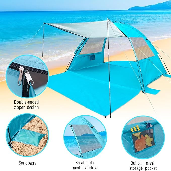 DLUCKY Beach Tent for 1/2/3/4/5/6 Person,Anti-UV Portable Sun Shade ShelterUPF 50+,Both Sides Extendable Floor,Extendable Awning,with 2 Ventilating Mesh Windows,Lightweight & Easy Setup.