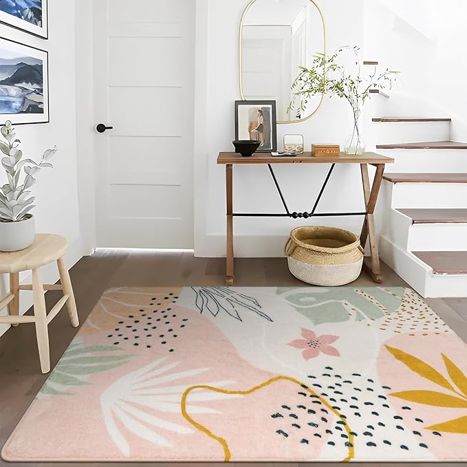 Lahome Pink Washable Rugs 8x10 - Non-Slip Backing Large Living Room Carpet Low Pile Throw Boho Area Rugs for Bedroom, Botanical Print Ultra-Thin Indoor Rug for Classroom Nursery Dining Room Home