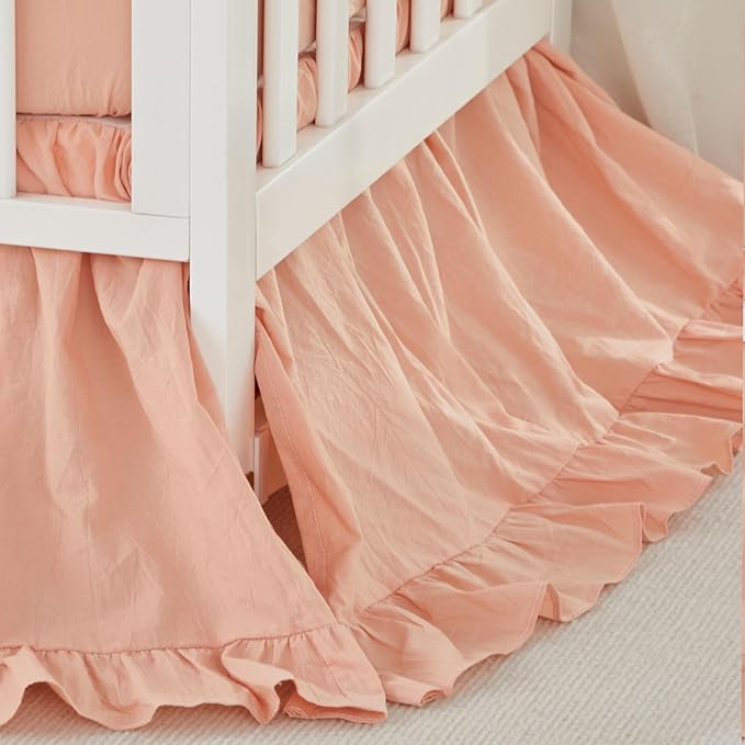 Brandream Baby Crib Bedding Set for Girls Boys Gender Neutral Boho Bohemian Farmhouse Chic Ruffle 6-Piece Nursery Bedding Set - 100% Cotton with Washed Craft Blush Pink Super Soft