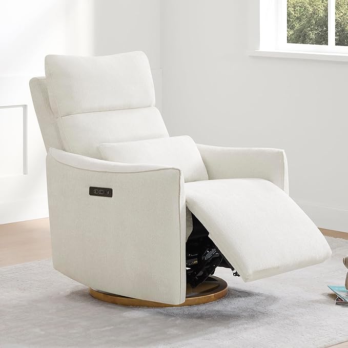 CHITA Swivel Rocker Recliner Chair, Power Nursery Glider Recliner, Nursery Rocking Chair with Adjustable Power Headrest, FSC Certified, Solid Wood Base, Cream