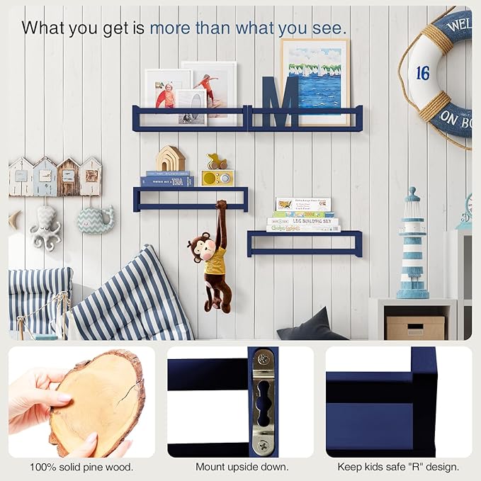 Forbena Navy Blue Floating Book Shelves for Nursery Boy, Decorative Wall Bookshelf for Kids Room, Small Wood Floating Shelves Wall Mounted for Boys Bedroom Bathroom (Set of 4, Blue)