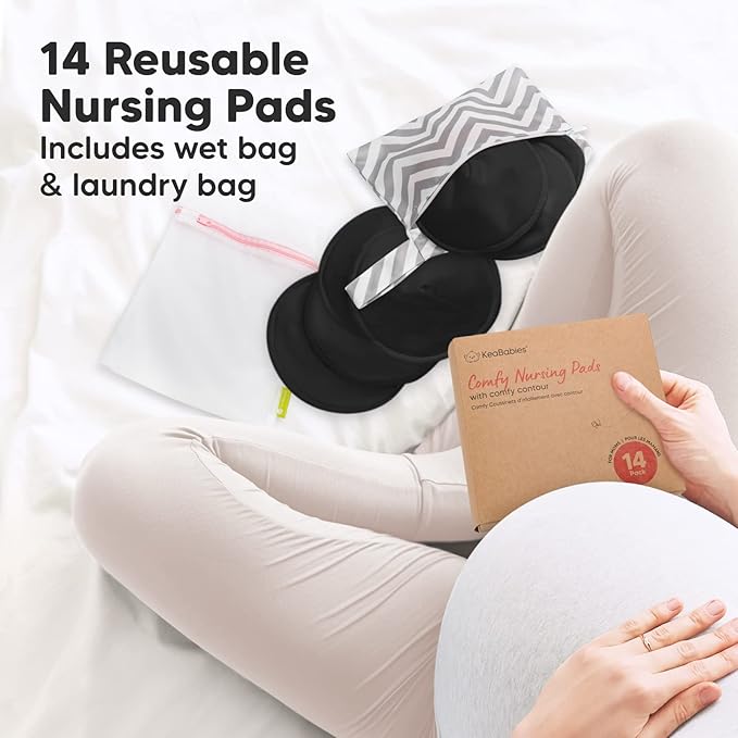 Organic Nursing Pads - 14 Washable Viscose Derived from Bamboo Breastfeeding Pads, Wash Bag, Reusable Breast Pads for Breastfeeding, Nipple Pads for Breastfeeding Essentials(Midnight Black, L 4.8")