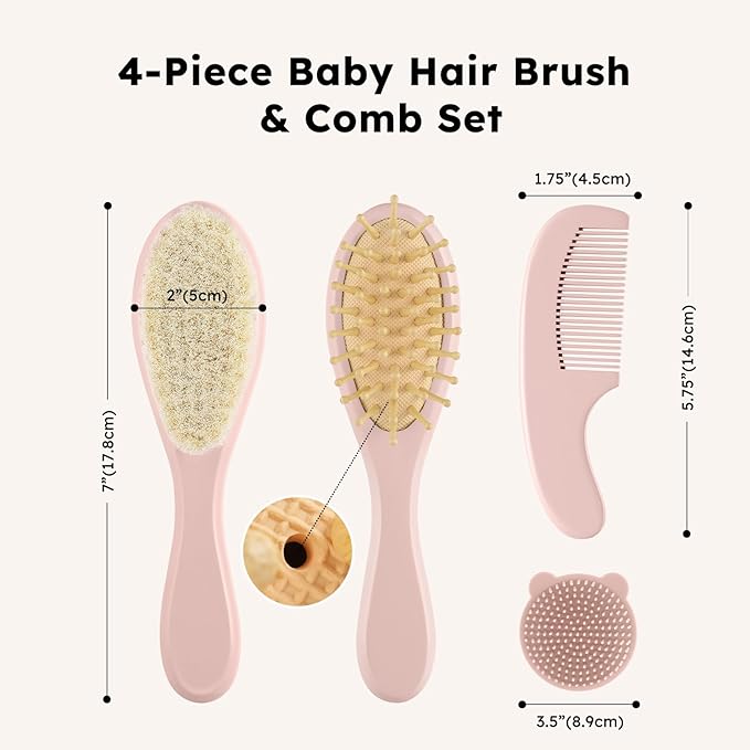 Yoofoss 4 Piece Baby Hair Brush and Comb Set,Wooden Baby Hair Brush with Natural Ultra Soft Goat Hair, Baby Comb Set for Boy, Girl - Pink