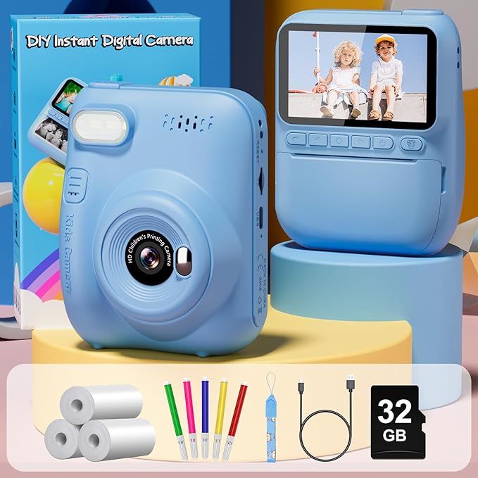 Kids Camera Instant Print, 3.0" HD 32MP Birthday Gifts for 3-12 Year Old Girls Boys, 1080P Digital Camera for Toddler Children, Portable Toy with 32GB SD Card-Blue
