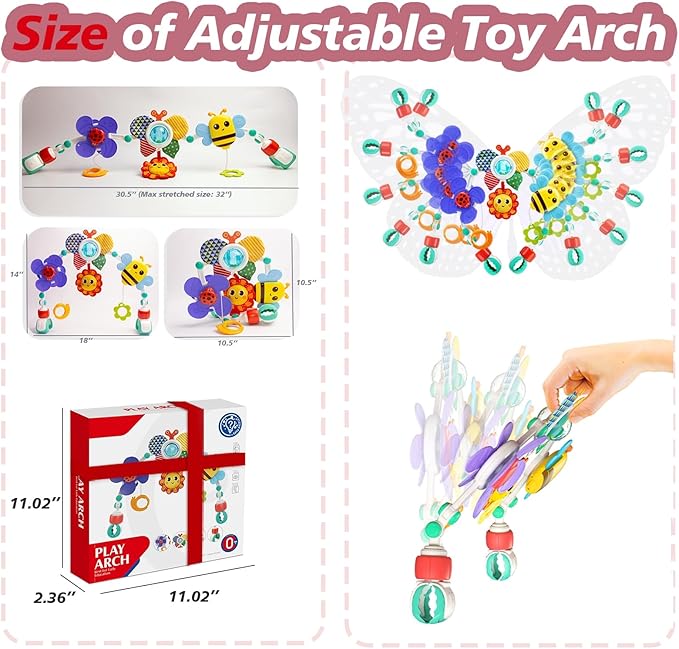 Baby Activity Arch Toy Bar for Stroller, Bassinets and Car Seat, Adjustable Crib Toys Hanging Attachment, Sensory Development Toys with Rattles