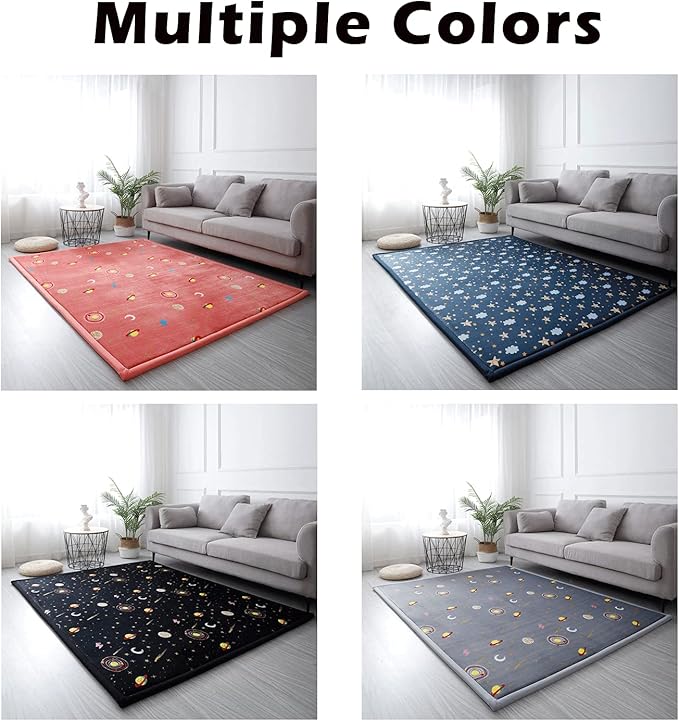 Loartee Coral Velvet Area Rug - 1" Thick Memory Foam Baby Play Mat, Washable Toddler Carpet, Home Decor for Living Room, Nursery, Kids Bedroom, Astral Black, 6'7"x6'7"