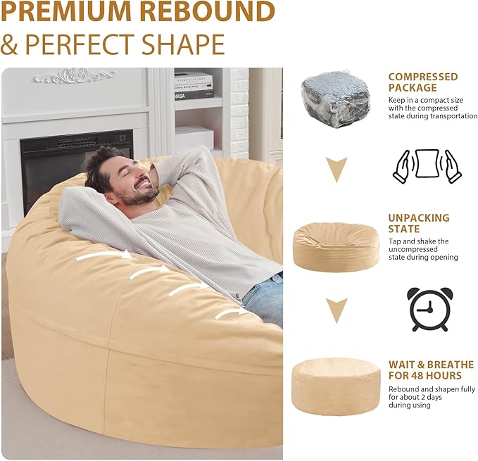 6FT Bean Bag Chair, Large Bean Bag Chairs with Memory Foam Filled, Fluffy Beanbag Sofa with Dutch Velvet Cover, Round BeanBag Chairs for Living Room, Playroom - Khaki