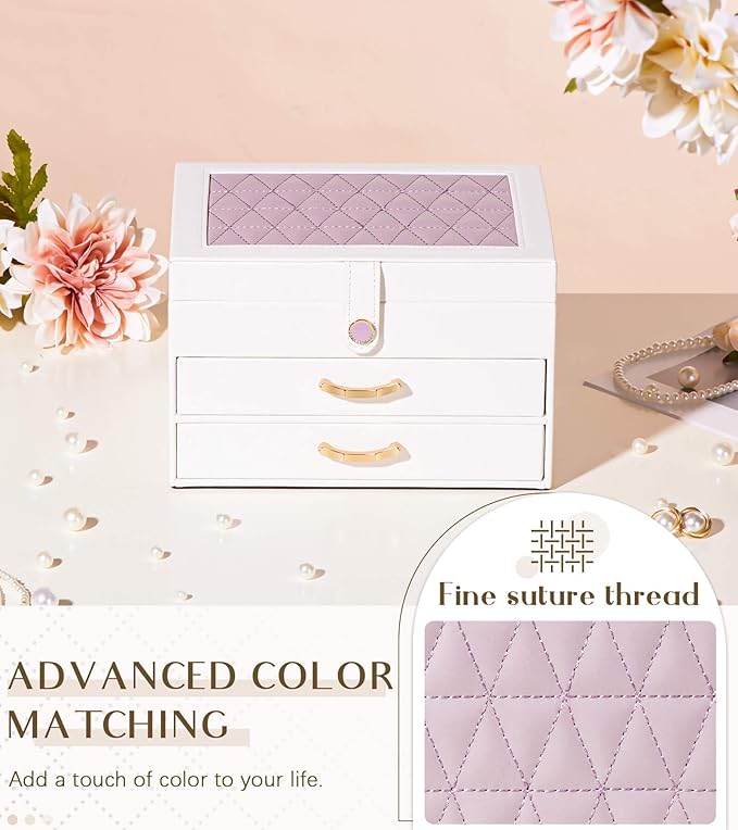 White Jewelry Box Organizer: Home Decor for Women - 2-Drawer Holder for Valentine’s Day Birthday Christmas White Grey-Purple