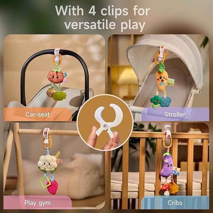 TUMAMA Hanging Vegetable Plush Toy Set, 4 Different Vegetable Crib Stroller Toys, Early Baby Cognitive Sensory Rattle Hanging Toy with Teether. Suitable for Babies 0, 3, 6, 9, 12 Months