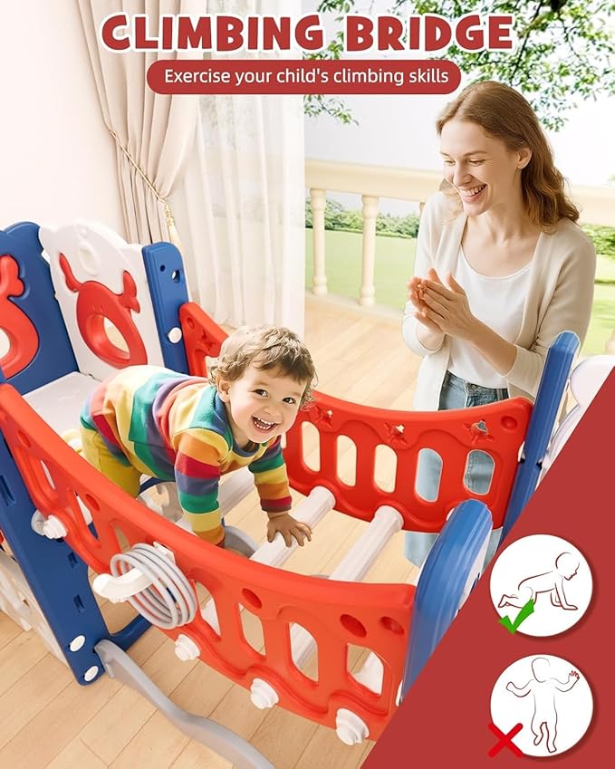 YUFU Toddler Slide Set, 11 in 1 Kids Slide for Toddlers 1-3, Toddler Playset with Climbing Bridge, Golf Set, Basketball Hoop, Indoor Outdoor Playground (Blue Red)