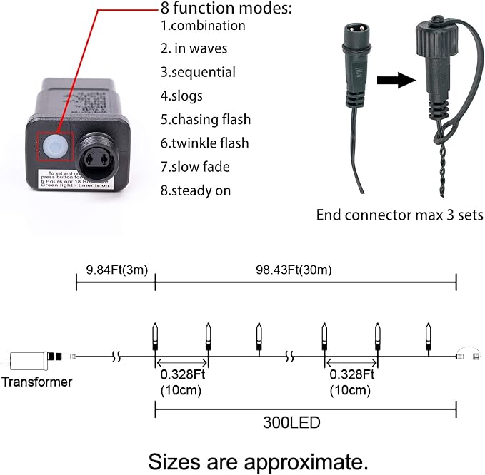 AWQ 108FT 300 LED Fairy String Lights Christmas Fairy String Lights Plug in 8 Modes Extendable for Indoor Outdoor Wedding Birthday Christmas Tree Garden Decor(Multicolor)