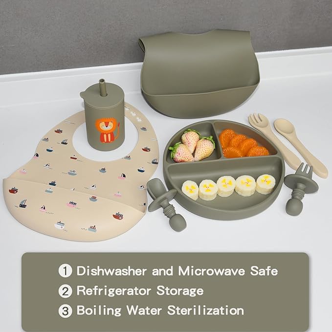 Silicone Baby Feeding Set, Baby Led Weaning Supplies, Baby Spoons Suction Divided Plate Bib Cup, First Stage Solid Food Eating Utensils - 6+ Months(Green-Beige)