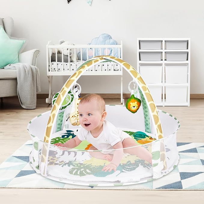 Baby Play Mat, 4-in-1 Baby Play Gym Tummy Time Mat with Ball Pit and 5 Detachable Toys for Newborn to Develop Sensory Exploration and Motor Skill 0-6-12 Months