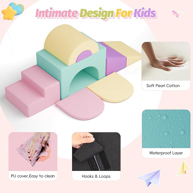 Soft Climbing Toys for Toddlers, 7-Piece Baby Soft Foam Climbing Blocks, PU Leather Gym Climb and Crawl Activity Play Set, Indoor Climbing Toys for Kids and Children, Pink