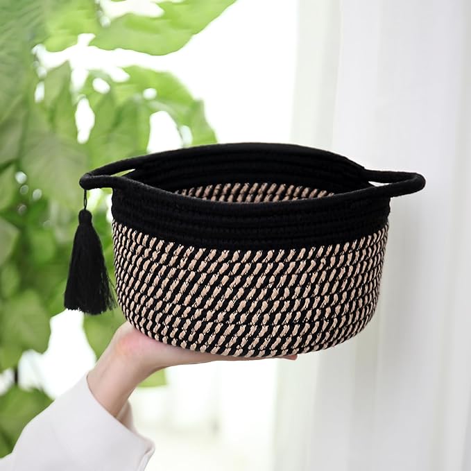 Decorative Small Gift Basket Empty – SweetMemo Cute Woven Rope Organizer Baskets for Desk, Bedside, Bathroom, Key, Round Boho Decor Cotton Bin with tassel, Gift Bag, Ribbon – Rustic Black Brown