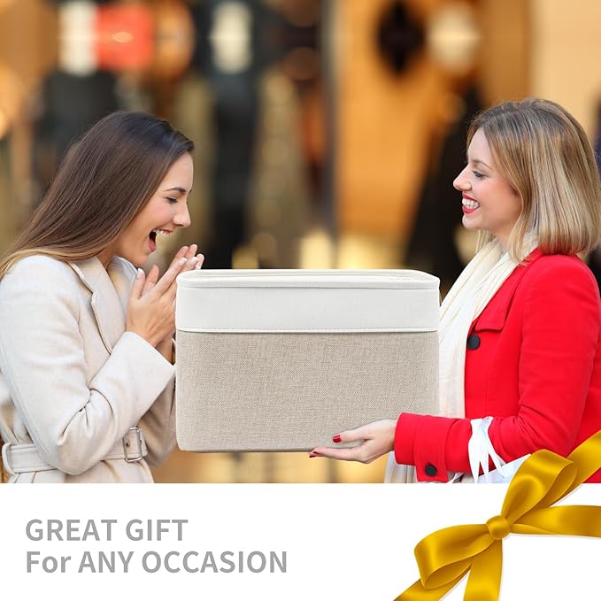 Storage Bins Large Fabric Storage Baskets for Shelves 3 Pack, Decorative Linen Closet Baskets with Handles for Organizing, Shelf, Clothes, Home, Office, 15x11x9.5Inches (Beige&White)