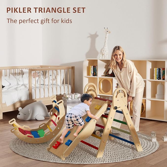 Pikler Triangle Set with Cushion, Montessori Climbing Set, Indoor Climb Toys, Indoor Playground Jungle Gyms, 9 Combinations Climbing Toy Set for Toddler, Baby, Kids 1-4