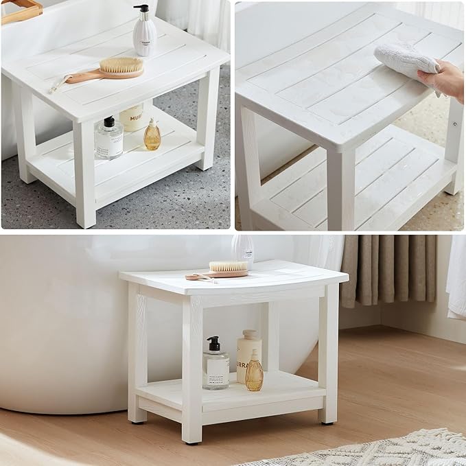 Heavy Duty Shower Bench for Inside Shower, White Poly Bathroom Stool for Shaving Legs or Spa Bath Seat, Waterproof Plastic Bathroom Chair Seat with Adjustable Feet, Non-Slip