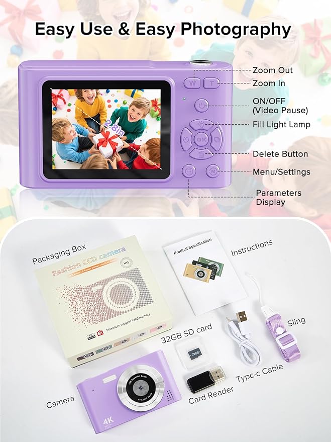 Digital Camera, 44MP Full HD 1080P Point and Shoot Camera with 64GB Card, Anti Shake 16X Zoom Compact Volg Cameras, Portable Small Digicam Gift for Kids, Ages Teen Girl Boy - Purple