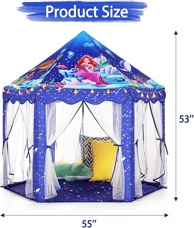 Monobeach Mermaid Princess Tent Girls Blue Large Playhouse Kids Castle Play Tent with Star Lights Gift Toy for Children Indoor and Outdoor Games