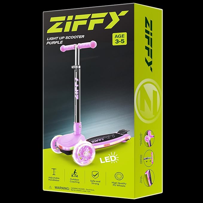 ZIFFY 3-Wheel Light-Up Kids Scooter, Kids Balance Scooter for Boys Girls with 20 Dynamic LED Lights, 4 Adjustable Height, Lean-to-Steer Design with Anti-Slip Wide Surface for Stability - Up to 110LBS