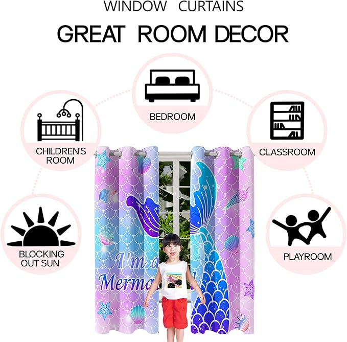 Mermaid Curtain Panels for Girls Room 2Pcs, Pink Cartoon Blackout Curtains 84 inch Length for Girls Bedroom Nursery Room Grommet Top Thermal Insulated Curtains, Dinosaur Print, 82" x 84"
