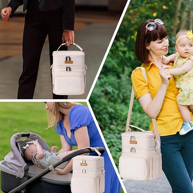 Insulated Breastmilk Cooler Bag with Ice Pack - Holds 6x9oz Bottles, Leakproof Double Layer, Adjustable Strap for Nursing Moms, Daycare & Travel,Pearl White