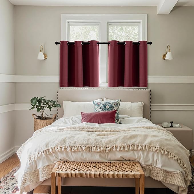 MIULEE Short Curtains for Windows - Christmas Burgundy Red Blackout Half Window Curtains Thermal Insulated Drapes for Kitchen Bedroom Bathroom Grommet Top Small Basement Tiers W40 x L36 Inch 2 Panels