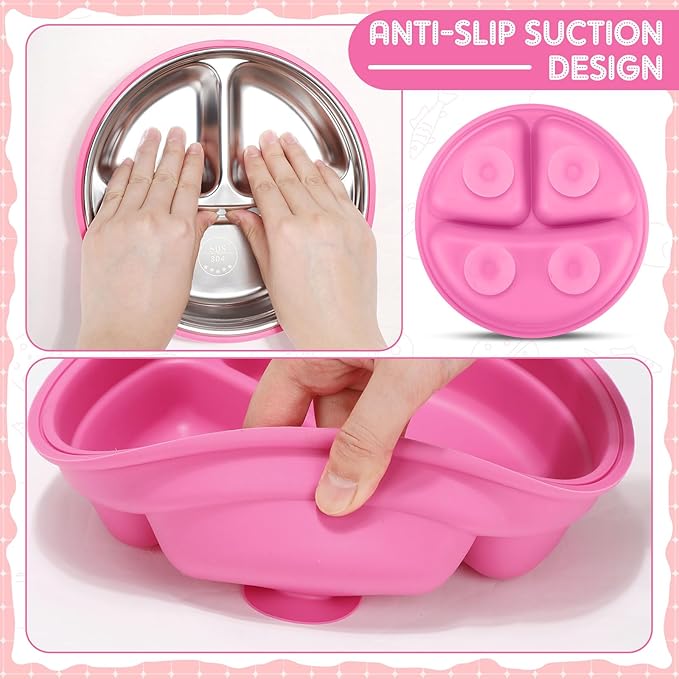 Nuogo 3 Pcs Stainless Steel Baby Suction Plates with Removable Silicone Shell 2-in-1 Metal Toddler Bowl Divided for Picky Eaters Kid Feeding Led Weaning Supply, Dishwasher Safe (Red Series)