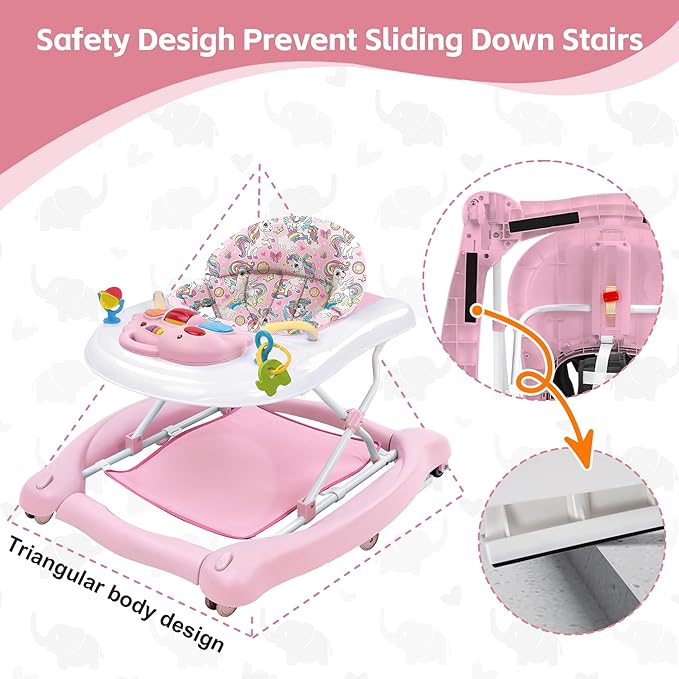 Foldable Baby 5-in-1 Activity Walker - Rocker, Activity Center, Bouncer, Seat Walker, Push Walker - Adjustable Speed Rear Wheels and Height Toys Ages 6-18 Months… (Pink)