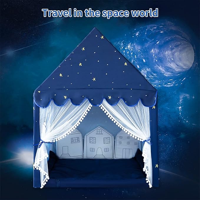 Kids Play Tent Playhouse Indoor Tent for Kids Boys Toddler, Large Castle Play House Bed Tents Spaceship Outer Space Rocket Blue