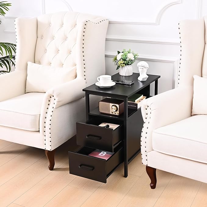 Black Side Tables, End Table with Charging Station, Narrow End Table with 2 Wooden Drawers, USB Ports and Power Outlets, Slim Nightstand and Bedside Table, End Tables Living Room, Bedroom