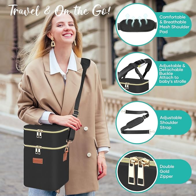 PIIOSER Baby Bottle Tote Bag with Ice Pack, Fits 4 Baby Bottles Up to 9 Ounce, Small Insulated Breastmilk Cooler Travel Bag with Shoulder Strap for Nursing & Working Mom Daycare (Black-S)