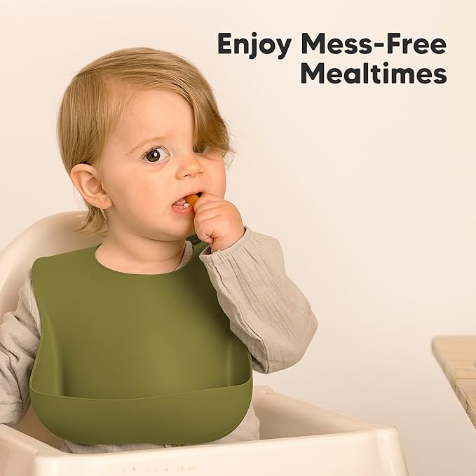 KeaBabies 2-Pack Silicone Baby Bibs for Eating - Sturdy Food-Grade Silicone Bibs for Babies Girl, Boy, Large Food Catcher, Clean & Put On Easily, Waterproof Toddler Feeding Essentials (Olives)