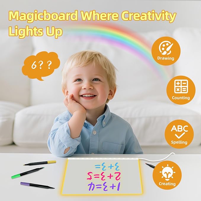 Led Drawing Board with Highlighter 7 Pcs,Led Note Board with Colors,13.7"X10" 6 Modes & 8 Colors Acrylic Dry Erase Board with Light,Doodle Glow Drawing Board,Gift Kids Toy for Home/Office/School