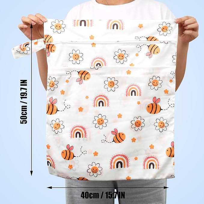 2pcs Travel Waterproof Laundry Bag, Cloth Diaper Wet Dry Bags with Handle & 2 Zipper Pockets, Reusable Washable Dirty Clothes Bag for Baby Adult Travelling Hanging, Bathing Beach Pool Daycare