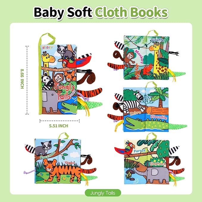 Jollybaby Crinkle Books for Babies, Sensory Soft Touch and Feel Baby Toys for 0-6 Months Infants, Newborn Montessori Early Educational Cloth Toys, Baby Girl & Boy Gift(Jungle Tails)