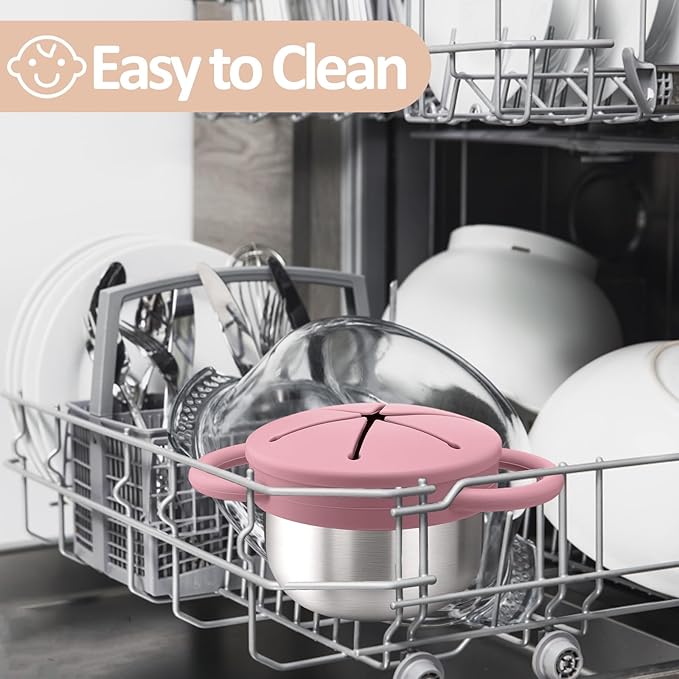 BUSOHA 2 Pack Stainless Steel Toddler Snack Cups - 9 OZ Spill-Proof Baby Snack Containers with Silicone Catcher and Lid Travel Snack Containers for Kids Dishwasher Safe Food Grade Silicone