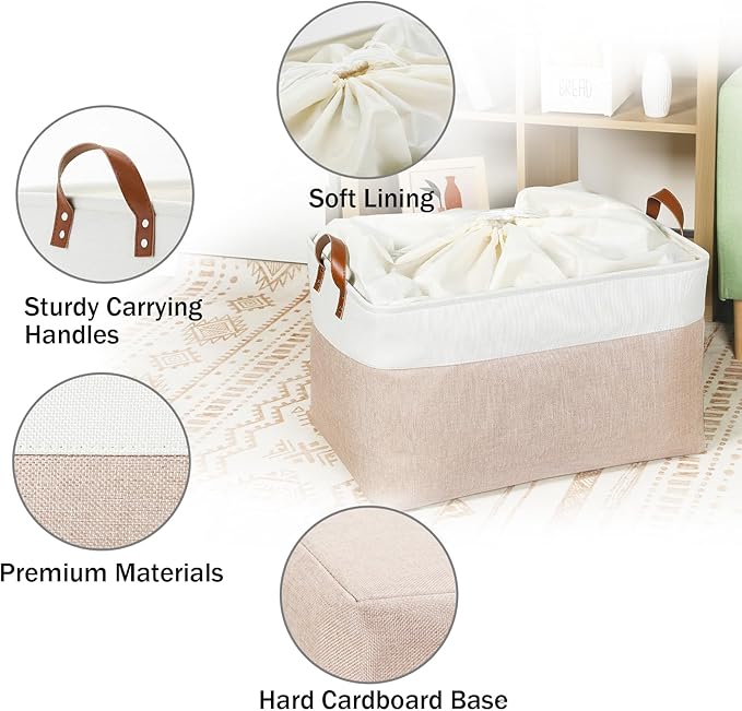 DULLEMELO Extra Large Baskets for Organizing, 22" X 15" X 13" Rectangle Fabric Storage Bins, Foldable Blanket Basket Living Room, Large Kids Toy Storage Organizer Bins, Baby Basket Gift (White&Khaki)
