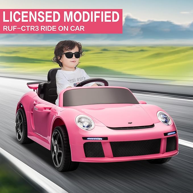 Licensed RUF CTR3 12V Kids Ride On Car with Parent Remote Control, MP3 Player, Battery Powered Electric Toy with 2 Motors, 3 Speeds, LED Lights - Pink