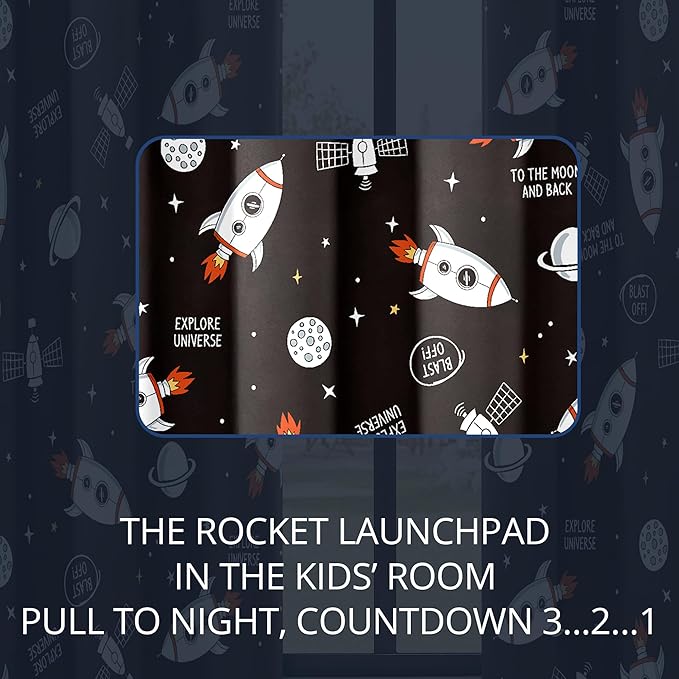Kids Space Rocket Blackout Curtains - 100% Blackout, Thermal Insulated, Noise Reducing, Perfect for Kids Room and Nursery, 2 Panels (Blast-Off Moon Mission, W52×L63)